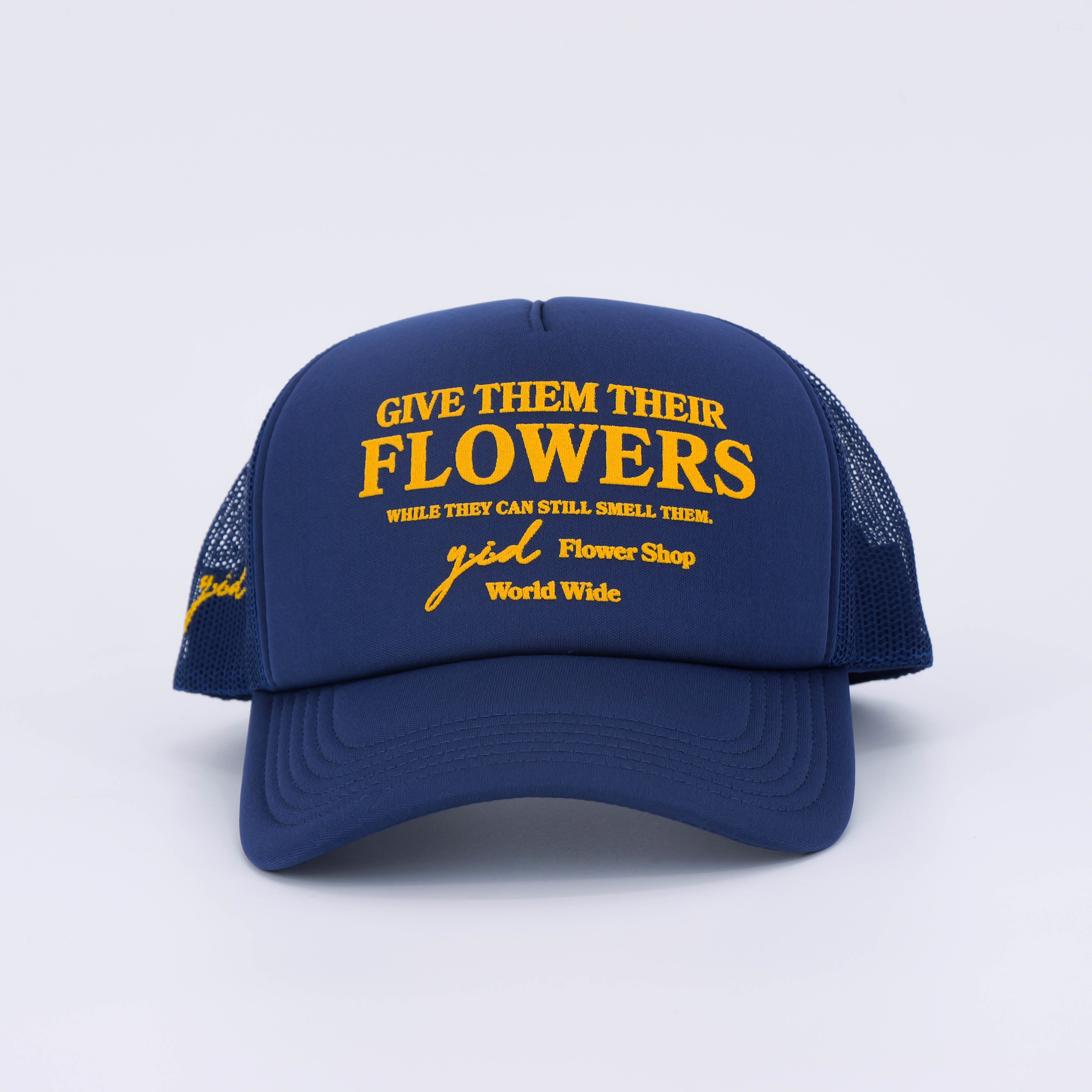 FLOWER SHOP TRUCKER HAT COBALT/YELLOW